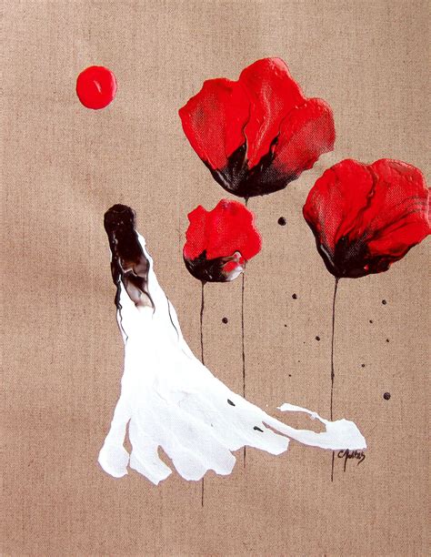 Lady Of The Poppies Painting Abstract Red Black White Woman Surreal Fantasy Acrylic On Linen