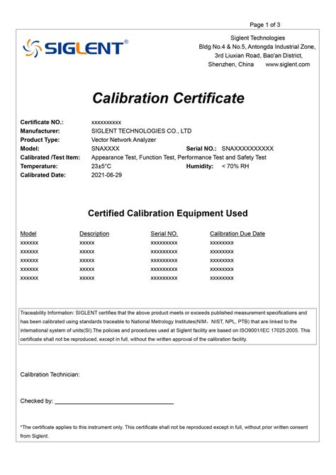 Calibration Certificate Sna5000a Siglent