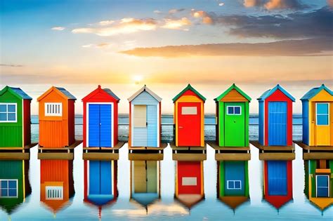 Premium Photo Colorful Beach Huts On A Beach With A Sunset In The