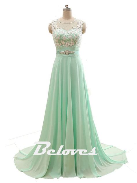 Light Green Chiffon Illusion Prom Dress With Lace Appliques · Beloves