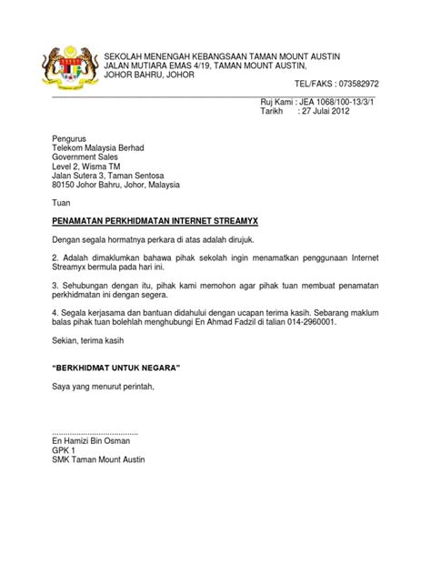 Penamatan Perkhidmatan Contoh Surat Notis Pemberhentian Kerja Dari Majikan