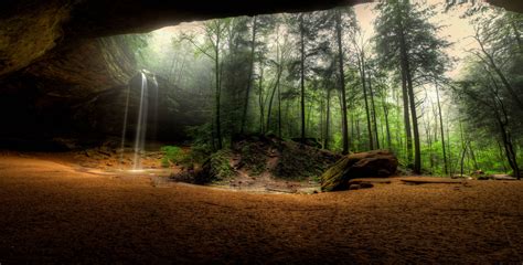 Wallpaper Nature Forest Tree House Cave Waterfall 7000x3556