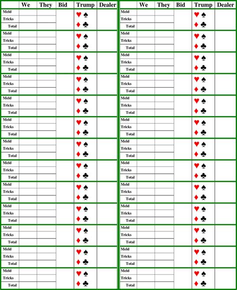 Pinochle Tournament Score Sheets