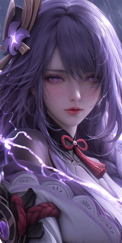 Purple Eyes Purple Hair Lightning Anime Girls Raiden Shogun Genshin