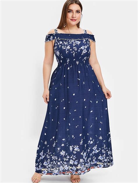 Wipalo Plus Size Floral Print Cold Shoulder Maxi Dress Women High Waist