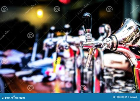 Beer Faucets In A Bar Metallic Beer Taps Stock Image Image Of
