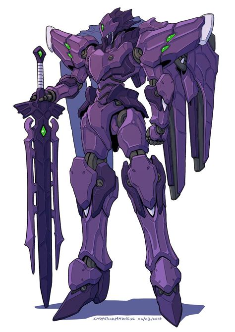 A Purple Robot That Is Standing With Two Swords In His Hand And One Arm
