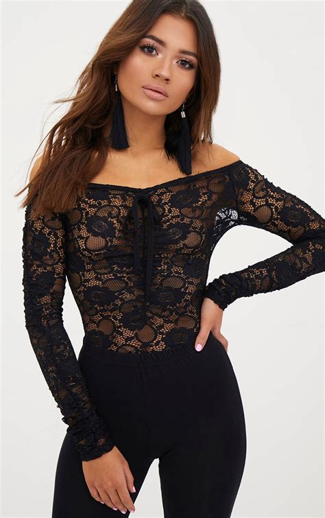 Petite Black Lace Ruched Sleeve Bodysuit Prettylittlething