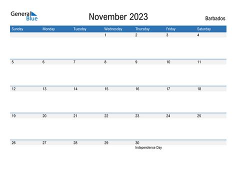 November 2023 Calendar With Barbados Holidays