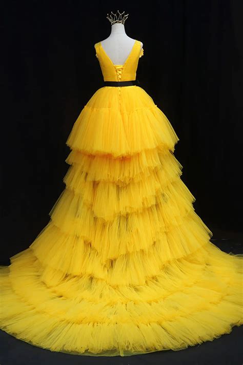 Hellymoon Women Yellow Long Prom Dress A Line High Low Deep V Neck Formal Dress With Bowknot