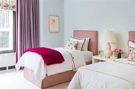 pink  brown girls bedroom  gray tufted beds cottage girls room