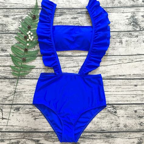 Azulina 2018 New Ruffle Strap High Waist Bikini Set Padded Strapless Swimsuit Female Blue Bikini