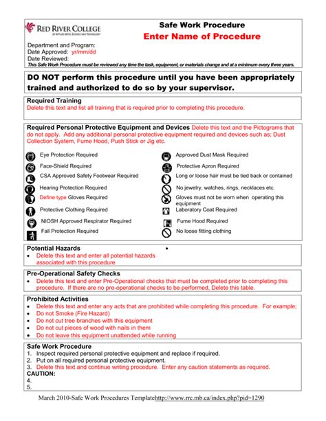 Safe Work Procedure Template Free Printable Templates