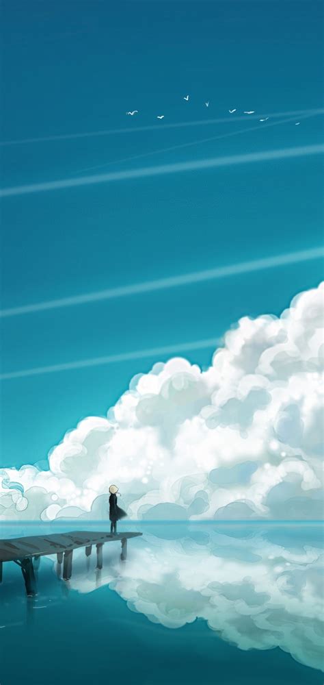 1080x2280 Anime Girl Sea Sky Clouds Landscape Art 4k One Plus 6huawei