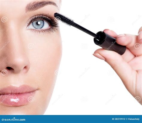Woman Applying Mascara On Eyelashes Stock Photo Image Of Blue Beauty