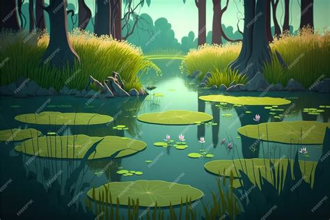 Premium Photo Swamp Cartoon Landscape Forest Background With Marsh And Lake Ai