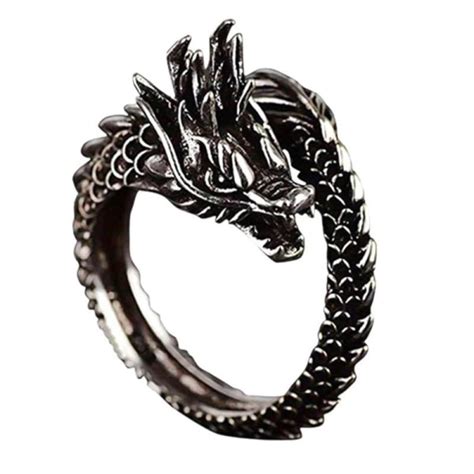 Unik Silver Ring Drake Med Svart Mönster Justerbar Silver One Size