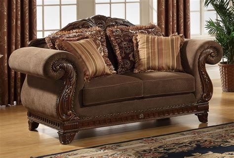 Odessa Traditional Brown Wood Trim Chenille Sofa Couch Loveseat Living