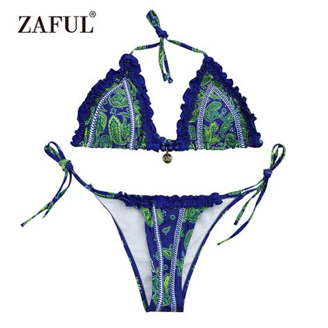 Zaful New Paisley Print Frilled String Bikini Set Sexy Low Waisted Halter Paisley Brazilian