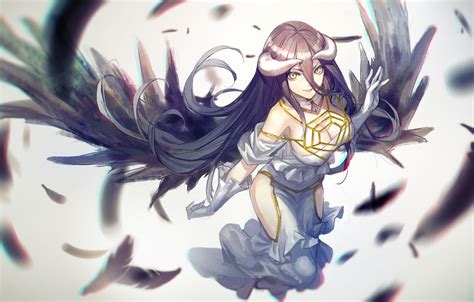 Albedo Black Hair Breasts Cleavage Demon Dress Feathers Gloves Horns