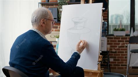 Un Anciano Dibujando Un Modelo De Jarrón Sobre Lienzo En Una Lección De