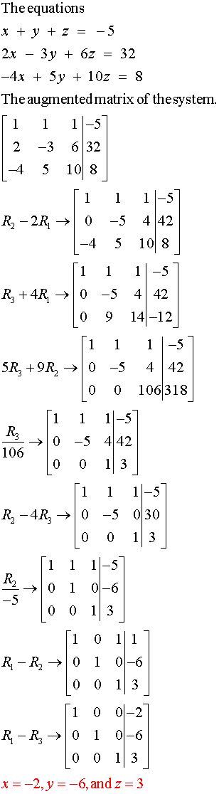 A) multiplying pivot row (row of pivot element) with a… using Gaussian or Gauss-Jordan Elimination: x + y + z = -5 ...