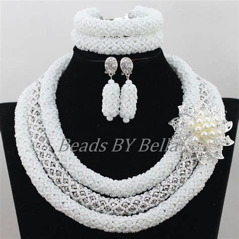Latest White Nigerian Beaded Necklaces Sets Crystal Bridal Jewelry Sets