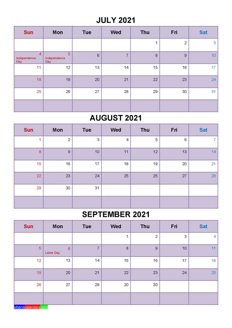 July August September 2021 Calendar With Holidays Four Quarters