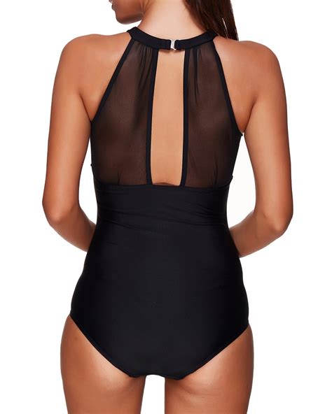 Tempt Me Women One Piece Swimsuit High Neck Plunge Mesh Ruched Monokini