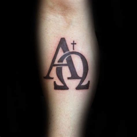 Inner Foream Alpha Omega Tattoo With Small Cross For Guys Alpha Omega