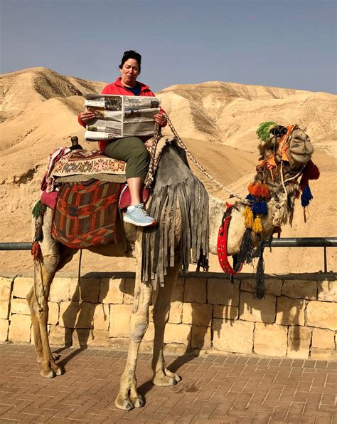 Linda Mcgrail Reads The Beacon While Seated On A Camel In The Negev
