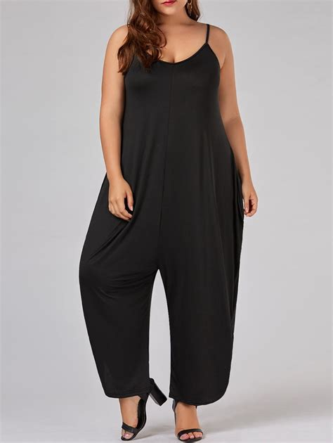 [17 off] 2021 plus size low cut spaghetti strap baggy jumpsuit in black dresslily