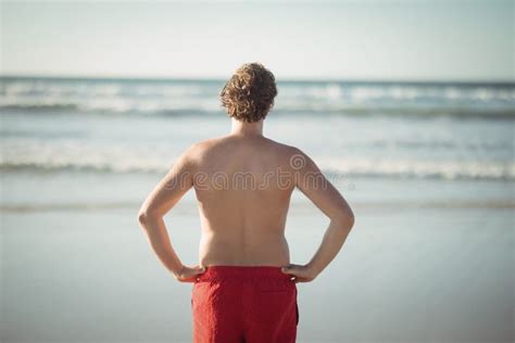 Rear View Of Shirtless Man Standing At Beach Stock Image Image Of