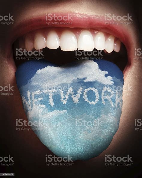 Woman With Open Mouth Spreading Tongue Colored In Cloud Networki 照片檔及更多