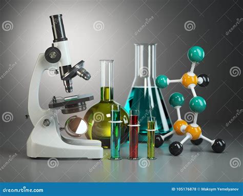 Microscope With Flasks Vials And Model Of Molecule Chemistry O Stock