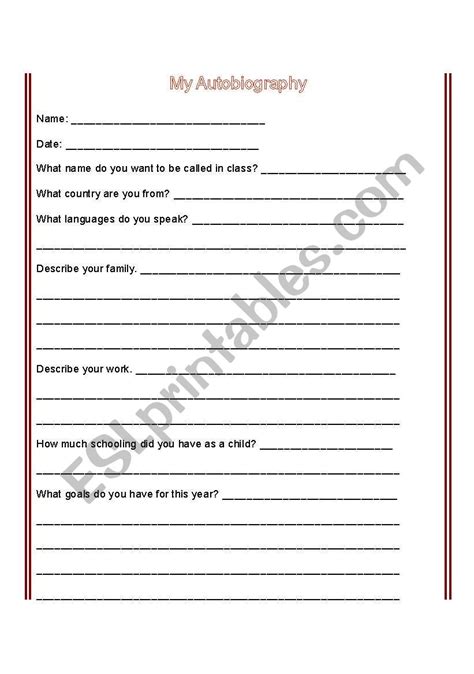 English Worksheets My Autobiography