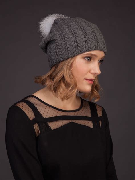 Dark Gray Knit Cashmere Beanie Hat with Fox Fur Pom-Pom | NordFur