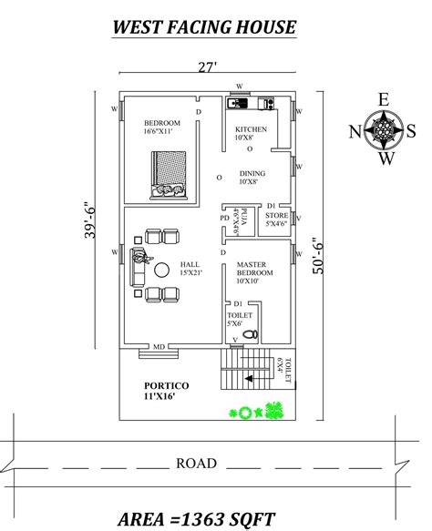 27x39 2 Bhk West Facing House Layout Plan For Dwg File Download Now