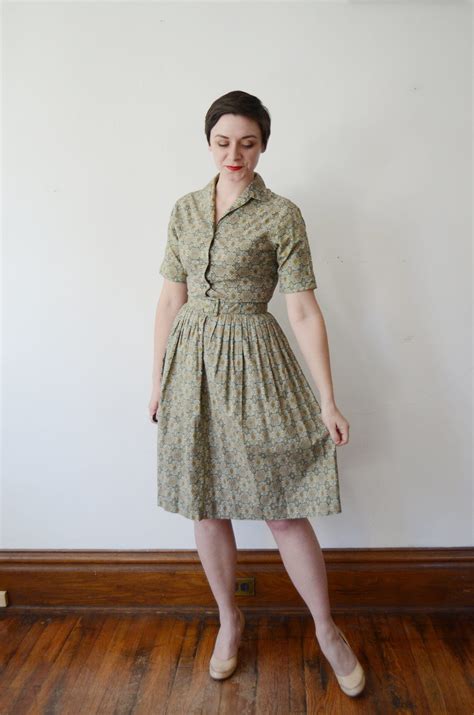 1950s Green Cotton Shirtwaist Dress S