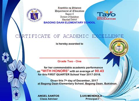 Academic Excellence Award Certificate Template Deped Sample Excel