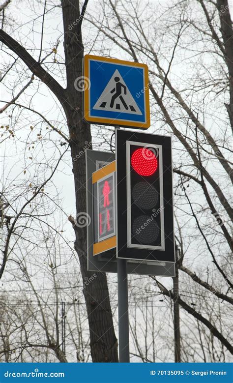 Modern Led Traffic Light Glows Red And The Pedestrian Crossing S Stock