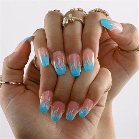 Coffin Flame Press On Nails Blue Long Fake Nails Full Cover Artificial