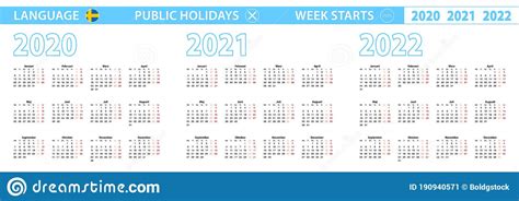 Simple Calendar Template In Swedish For 2020 2021 2022 Years Week
