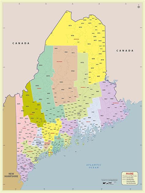 Maine County With Zip Code Map 36 W X 48 H Office