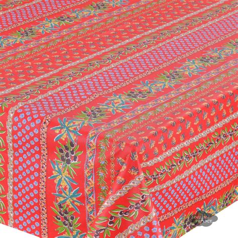 60x 96 Rectangular Olives Red Cotton Coated Provence Tablecloth By Le