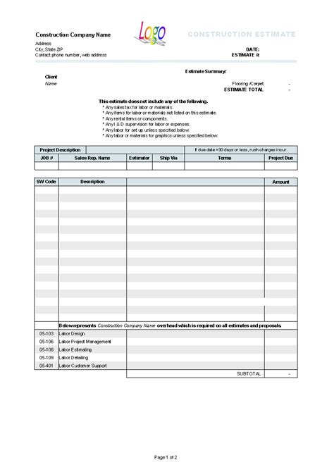 Construction Estimate Template Invoice Manager For Excel