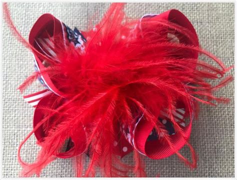 Patriotic American Cutie Red White And Blue Feather Hair Bow 5