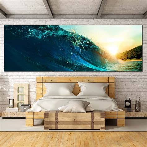 Ocean Waves Canvas Print Blue Surfing Wave Panoramic Canvas Wall Art
