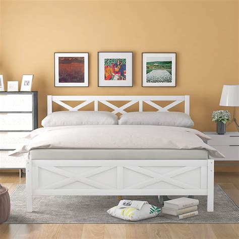 Platform Bed Queen Size Wooden Bed With Headboard X Shaped Frame