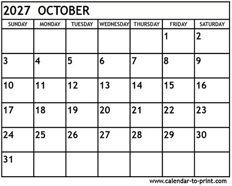 October 2027 Calendar Printable